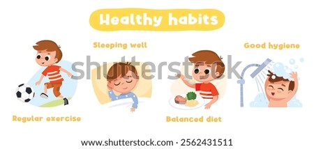 Boy doing morning routine. Children healthy lifestyle. Kid accomplishes daily  routine, tasks: wakes up, having breakfast,  playing outdoors, going to bed, sleeping, wake up, take shower. 