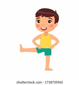 Boy doing morning sport exercises flat vector illustration. Young male cartoon character standing, raising leg. Smiling child gymnastic training, athletic workout isolated on white background