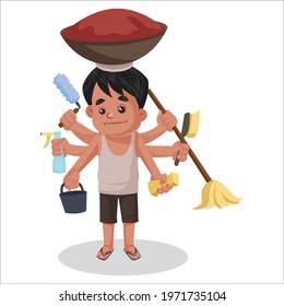 Boy is doing multitasking with multiple hands. Vector graphic illustration. Individually on a white background. svg
