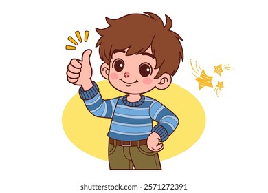 The boy doing okay sign by raising his thumb up. Vector illustration in cartoon style.