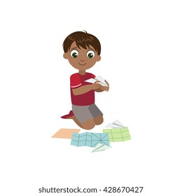 Boy Doing Paper Plane Colorful Simple Design Vector Drawing Isolated On White Background