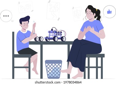 Boy Doing Robotics Sitting With His Mother Flat Design Illustration, Robotics Kid,  Tinkering Kid, Stem Education, Learn From Home, Tinker Space, Stem Lab, Maker Space 