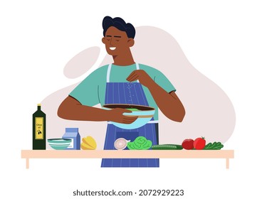 Boy doing salad. Healthy food, lots of vitamins, vegetarian prepares his own supper. Lifestyle, household chores, routine. Apartment, kitchen, inside, indoor. Cartoon flat vector illustration