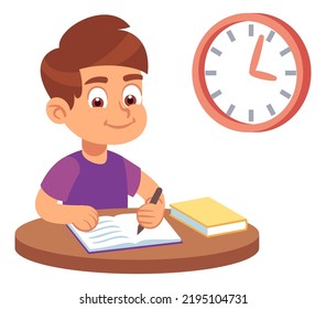 Boy doing school homework. Kid student character