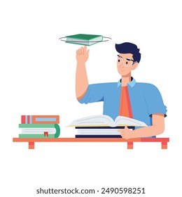 Boy doing spinning book trick, flat illustration