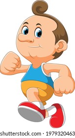The boy is doing sport with running in the happy feeling of the illustration