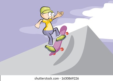 Boy doing stunts with his skateboard on the park skating ramp. Enjoy skateboarding in the skating square. Cartoon style vector illustration Available in EPS 10.