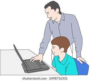 Boy doing task on laptop and focused teacher monitoring him. Teacher in a technology class. Vector flat illustration.