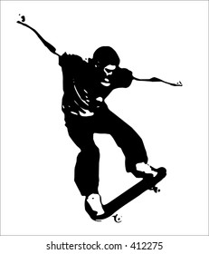 boy doing a trick on a skateboard black vector.