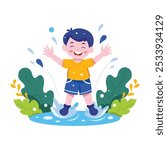 A boy doing water jumping, a flat style illustration 