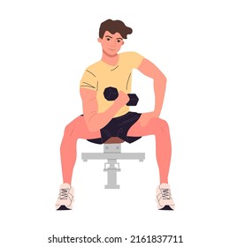 Boy doing weight lifting in gym, vector illustration. Men and women performing fitness exercises in exercise class