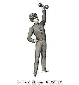 Boy doing weight training - Vintage engraved illustration - "La mode illustree" by Firmin-Didot et Cie in 1897 France