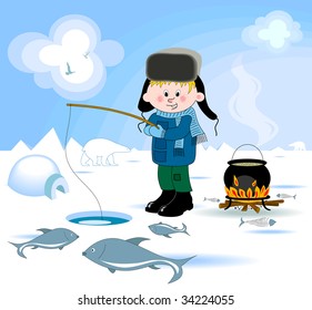 Boy doing winter fishing - vector illustration