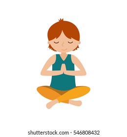 Boy doing yoga. Cute yoga kid set. Flat vector illustration on white background. 