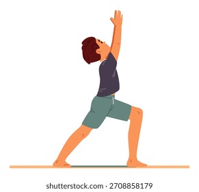 Niño haciendo yoga en una Ilustración vectorial plana de la estera aislada en blanco.