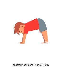Сhild boy doing yoga pose or gymnastic sport exercise the cartoon flat vector illustration isolated on white background. Healthy active kid's childhood concept.