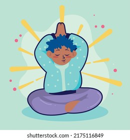 Junge, der Yoga mit Rochen und Sternen macht