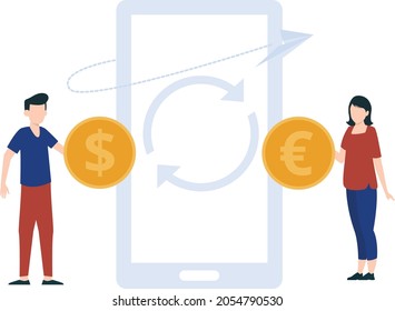A boy with a dollar coin and a girl with a euro coin standing near a mobile phone to exchange them.