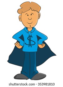 boy with dollar signs reminiscent of Superman