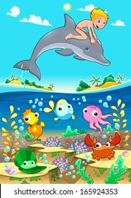 Niño y delfín con peces debajo del mar. Graciosa ilustración vectorial de dibujos animados