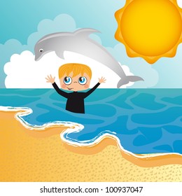 boy with dolphin into sea background. vector illustration