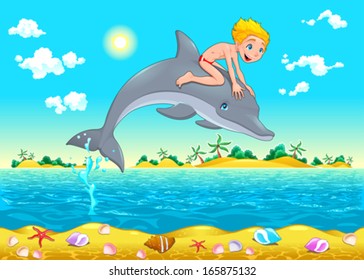 The boy and the dolphin in the sea. Cartoon vector illustration, isolated objects