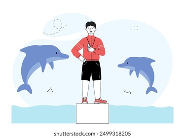 Boy in dolphinarium. Trainer with whistle near dolphins in pool. Circus public performance and show. Underwater fauna. Linear vector illustration isolated on white background