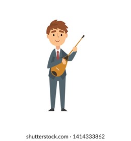 Boy Domra Player, Talented Young Musician Character Playing Acoustic Musical Instrument at Concert of Classical Music Vector Illustration