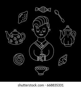 Boy doodle portrait with tea cup and sweets black and white drawing