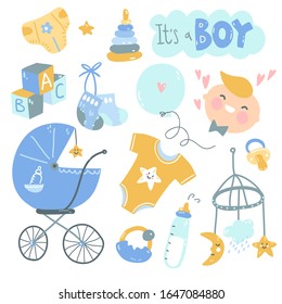 It's a boy doodle set. Blue and yellow baby care, feeding, clothing, toys, health care stuff, accessories. Vector drawings isolated