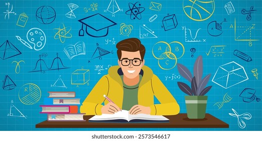 Boy with doodles education. Online education. Education concept doodle icon set. E-learning platform. video course, internet class. remote university graduation. Welcome back to school. Vector