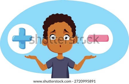 
Boy in Doubt Choose Between Advantages and Disadvantages. Puzzled kid having a dilemma deciding about advantages and disadvantages 
