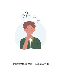 A boy doubtful. Curious person. Thinking, solving concept. Vector character illustration.