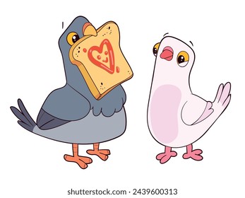 The boy dove gives his heart to the girl dove. Valentine Day greeting card. I love you. Colorful cartoon character. Funny vector illustration