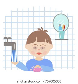 Boy with Down syndrome in the blue pajamas in the bathroom holds the soap and washes her hands independently. Basic hygiene practices of the child with Down Syndrome. Vector. Isolated.