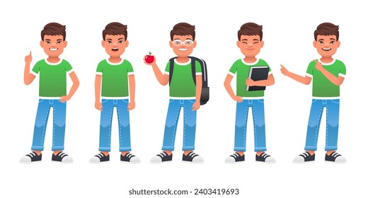 Сute boy with Down syndrome is standing with a book in his hand, pointing at something, standing in glasses with an apple in his hand and a backpack on his back, surprised. Set of different poses