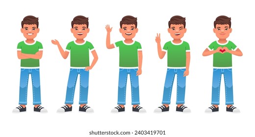 Boy with Down syndrome stands with his arms crossed, points at something, waves his hand, shows a gesture of peace, folded his palms in the shape of a heart. Set of different poses and emotions