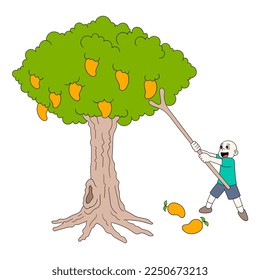 Junge lädt einen dichten Mango-Baum herunter. Vektordesign-Illustration