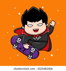 Boy dracula cartoon illustration vector. Halloween character playing skateboard.