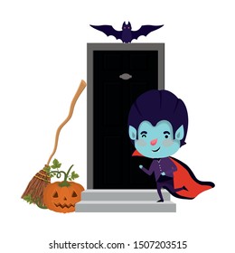 boy with dracula costume and bats flying in door house