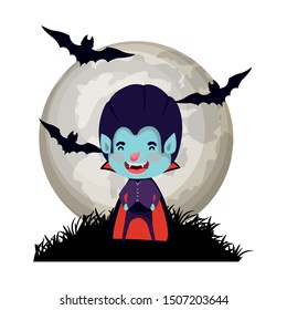 boy with dracula costume and bats flying in cemetery