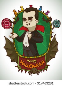 Boy in Dracula costume for Halloween, vector