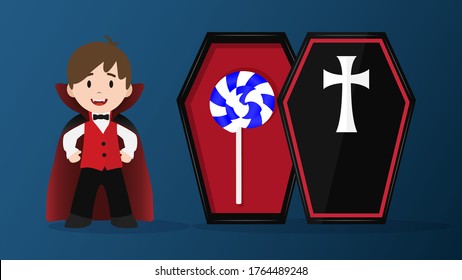 Boy in Dracula costume and smilingly in casket isolated on background, Halloween concept illustration vector