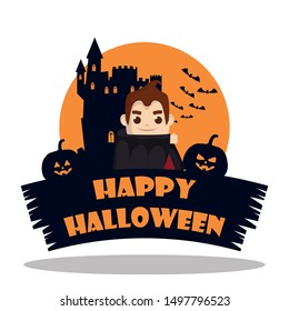 boy dracula pumpkin castle costume for halloween party vector illustration