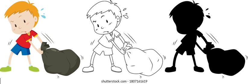 Boy drag black garbage bag in color and outline and silhouette illustration