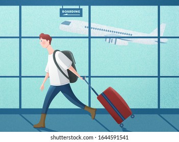 Boy dragging suitcase and walking past airport terminal, COVID-19 illustration