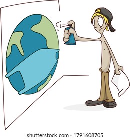 boy draw earth masked with spray balloon on the wall, epidemic situation on the plannet