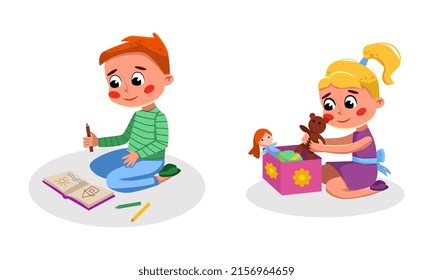 Boy drawing in album, girl playing with her toys cartoon vector illustration