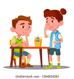 Boy Drawing With Colored Pencils And Offended Girl Stands Next To Him Vector. Isolated Illustration