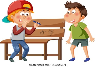 A boy drawing damage to bench public illustration